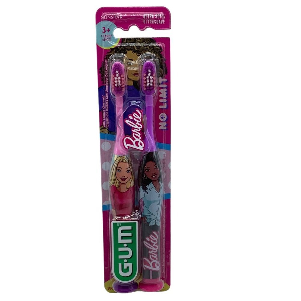GUM‎ Barbie Ultra Soft Toothbrush 2 Pack Suction Base Tongue Cleaner Barbiecore